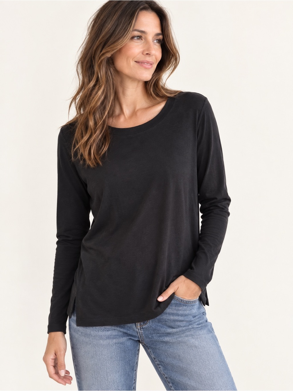 J.Jill Pima Cotton Long Sleeve Crew Neck Tee Black MP Petite NWT